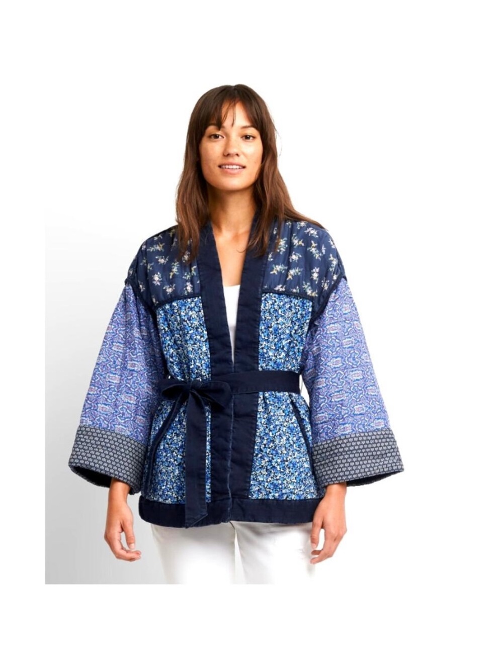 Gap Quilted Mix-Print Blue Floral Patchwork Kimono Jacket Belted - XL Tall